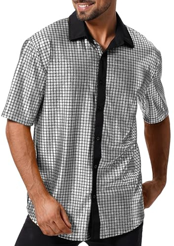 ABEHIK Herren Disco Hemd mit Pailletten 70er Kurzarm Party Kostüm für Männer Rave Shirt Mottoparty Karneval