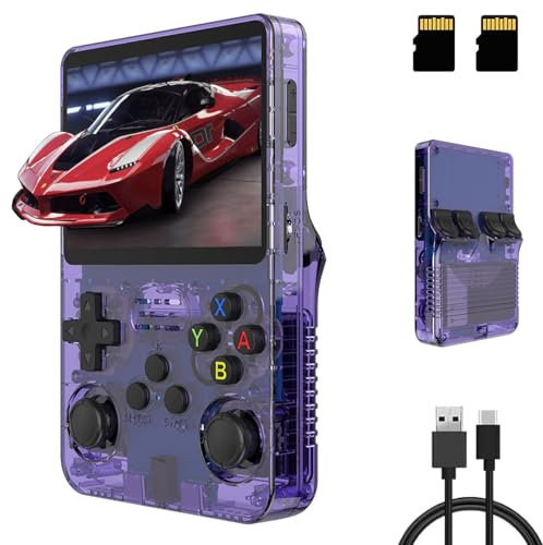 R36S Console de Jeux Portable, QuazarPyon Double Joystick 3D Console Retro Gaming 3,5 Pouces Écran IPS Système Linux Open Source Intégré 15000+ Jeux Classiques Console de Jeux, Carte TF 64G(Pourpre)