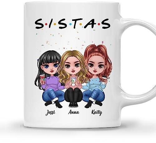 Tasse personnalisée (3 filles) avec avatars, noms, citations, cadeaux d'anniversaire personnalisés pour sœurs de la part d'une sœur, tasse pour sœur
