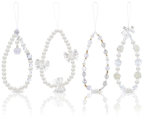 Giantree 4 Stück Handykette, Handy Lanyard Kurz mit Perlen, Handy Kette Perlen Weiß Handy Anhänger Frauen Rucksack Anhänger Handy-Anhänger Kompatibel mit Jedem Handy Smartphone und Handy Hülle