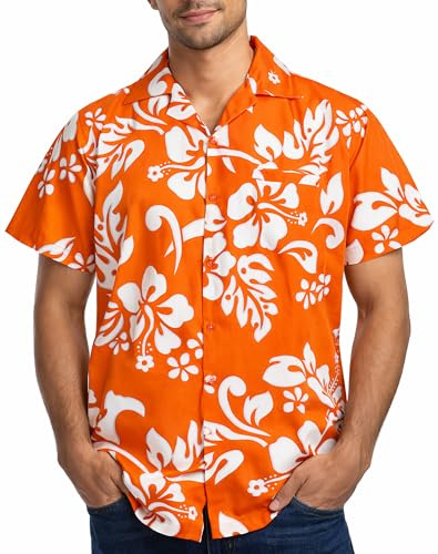 King Kameha Funky-Hawaii-Hemd, Herren, Kurzarm, Hibiscus, Orange, 9XL