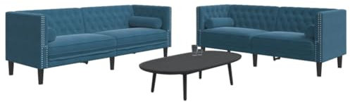 LAPOOH 2-TLG. Chesterfield-Sofa-Set mit Nackenrollen Blau Samt, Loungesofa, Sofas & Couches, Relaxsofa, Couch für Wohnzimmer - 3209299