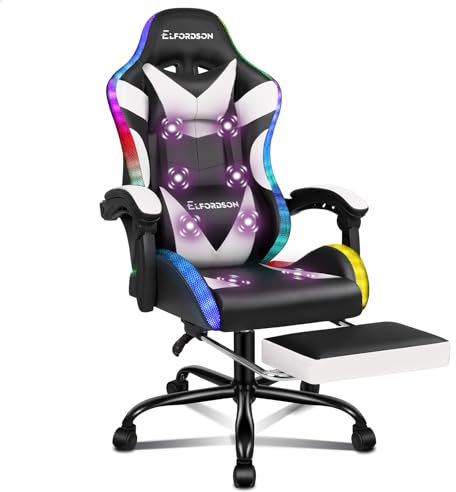 ELFORDSON LED Gaming Chair with 8-Point Massage, Ergonomic Computer Office Chairs with Headrest, Lumbar Cushion, Footrest, RGB Light, PU Leather, Lyam Series (White)