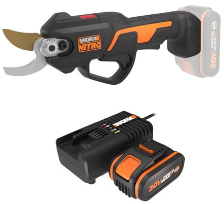 PACK WORX NITRO Sécateur sans Fil 20V WG330E + Kit batterie 4Ah, chargeur rapide, Brushless, Coupe 25 mm, 1500 coupes en une charge, double protection, compact et léger,Lames haute résistance SK5