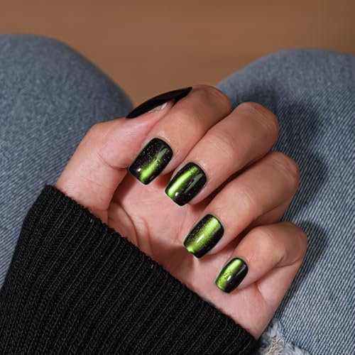 KQueenest Neon Green Cat Eye Press on Nails Short Coffin, Bling Black Short False Nails with Glue, Glazed Sparkly Fake Nails Press ons, Reusable Soft Gel Stick on Nail for Women Prom, 30 Pcs