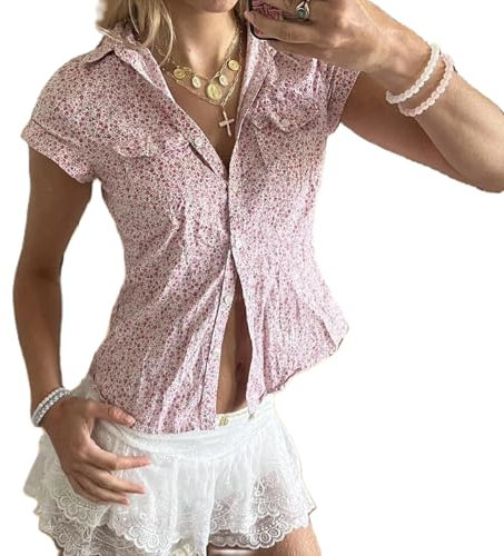 YILEEGOO Women's Basic Button Down Shirts Cap Sleeve Lapel Collar Tight Blouse Tie Up Back Slim Fit Tops Summer Office Shirt (Z13-Pink, S)