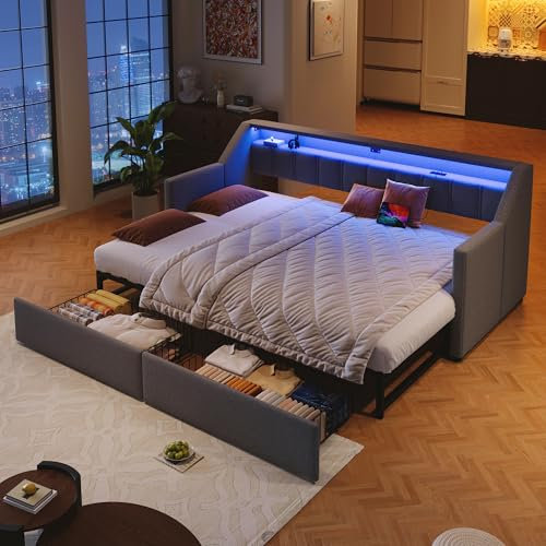 Polsterbett Tagesbett mit LED & USB Typ-C Ladefunktion, Ausziehbares Schlafsofa 90/180x200 cm, Multifunktionsbett Gästebett Einzelbett/Doppelbett mit 2 Schubladen & Lattenrost, Ohne Matratze, Grau