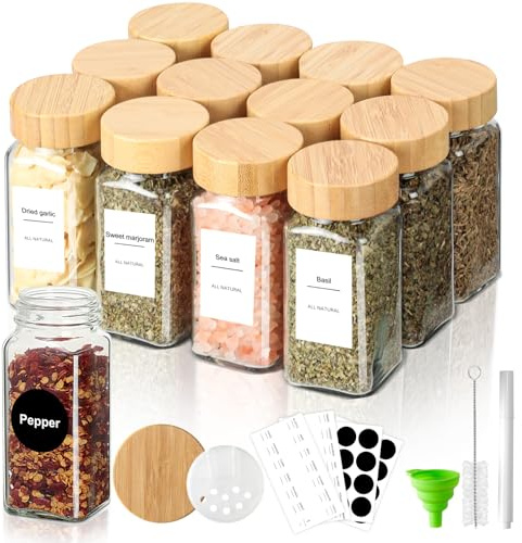 Cozary Pot a Epices en Verre avec Couvercle 12 Pièces 120ml Carré Bocaux à Épices Boite a Epices Avec étiquette Idéal pour conserver les épices, la cannelle et les graines de sésame