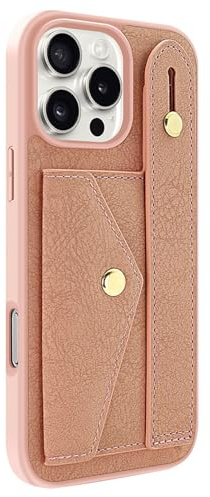 LUOTANL Elegante Caso per iPhone 16 PRO Max/16 Pro/16 Plus/16, Pelle Slot per Carte, Blocco RFID Cover, Cinghia Portamanu Guscio Protezione Antiscivolo,Rosa,16