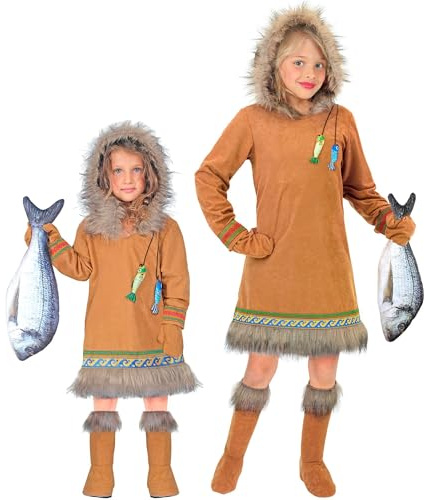 W WIDMANN MILANO Party Fashion - Inuit Kostüm Kinder 3-teilig, Kleid mit Kapuze, Handschuhe & Stiefelüberzieher für Karneval