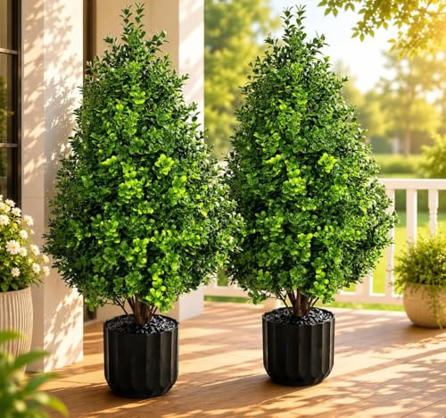 2SET künstlichen Buchsbaum im Topf Buchs Boxwood Grün Busch Innen Außen Künstlicher Pflanzen Kunstpflanze Outdoor Indoor Artificial Topiary Tree für Wohnzimmer Balkon Büro 70CM