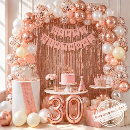 30th Birthday Decorations - Rose Gold 30 Birthday Decorations Include Banner, Fringe Curtains, Latex Balloons, Crown, Sash, Cake Topper & Number Balloon for Her Women Lady BD Party Decor
