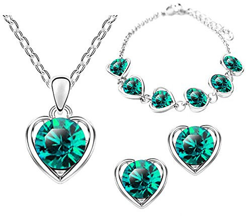 Mianova Damen 3 teiliges Set Silber in Herz Form mit runden Swarovski Elements Kristallen - Ohrringe Armband und Kette Grün
