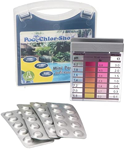 Duraol Premium Mini-Pooltester für pH & Chlor I Testkit Pool mit Messgerät, je 20 Testtabletten DPD & Phenol Red I Chlor- & pH-Wert Messgerät I Hochwertiges Pool-Zubehör zum Chlor & pH Wert Messen