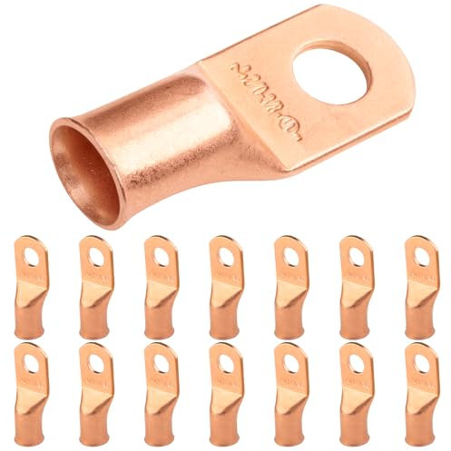 SELTERM 2/0 AWG (70 mm²) - 3/8 (M10) ⌀ Hole UL Heavy Duty Wire Lugs, Battery Cable Ends, Bare Copper Eyelets, Tubular Ring Terminal Connectors [B79] - 15 Pack