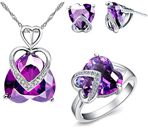 Uloveido Big Rosso Viola Collana Con Ciondolo a Forma Di Cuore Con Zirconi, Orecchini Pendenti E Anello Solitario Cristallo Wedd