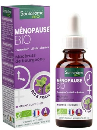 Santarome Bio - Ménopause Bio - Macérat de bourgeons - Complément Alimentaire Ménopause - Gémmothérapie - Framboisier, Airelle, Bouleau - Flacon 30 ml - France