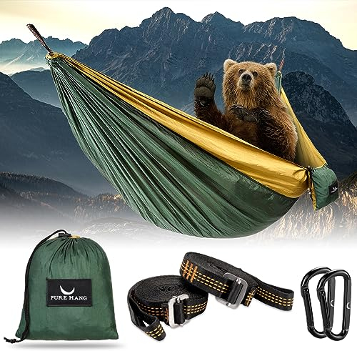 PURE HANG Premium Camping Hängematte Outdoor 2 Personen aus Nylon Fallschirmseide für Reise, Travel, Garten mit Befestigung Aufhänge Set | 300kg Belastung (Dunkelgrün)