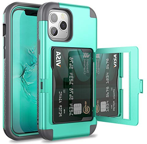 WeLoveCase iPhone 12/12 Pro Wallet Case with Credit Card Holder & Hidden Mirror, Defender Three Layer Shockproof Heavy Duty Cover, Mint