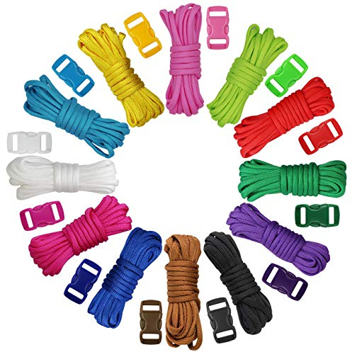aufodara 12er x 10 Fuß Bunte Paracord Armband Schnur 7 Stränge Parachute Seile Set mit 12er Kunststoff klick-Verschluss für DIY Armbänder Hunde-Halsbänder Rucksack (12 Farben mit Verschluss)