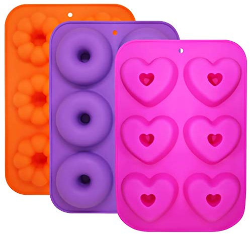 Stampo per Ciambelle in Silicone, ZoneYan Stampo Donuts, Ciambella Silicone Antiaderente, Silicone Donut Stampo, Stampo Donuts Grandi Silicone, a Forma di Zucca, Tonda, a Forma di Cuore (3 Pezzi)