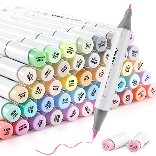 Ohuhu Pastel Markers Brush Tip, Alcohol-Based Markers Double Tipped Artist Art Markers for Sketch Adults' Coloring Illustration, 48 Pastel Colors +1 Alcohol Marker Blender + Marker Case, Brush & Fine
