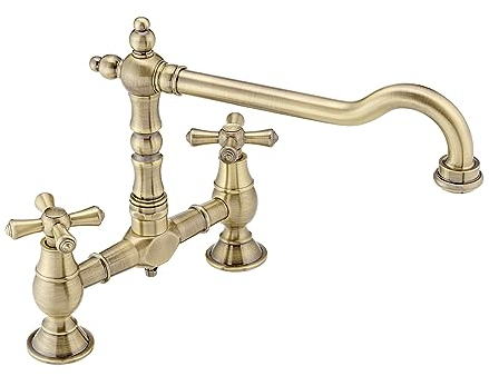 ENKI, Langley, KT116, Antique Brass, Traditional Bridge Kitchen Sink Mixer Tap for Basin, Brass Construction, with Twin Levers & Swivel Spout Perfect for Double Bowl Sinks, Drip Free Ceramic Valve