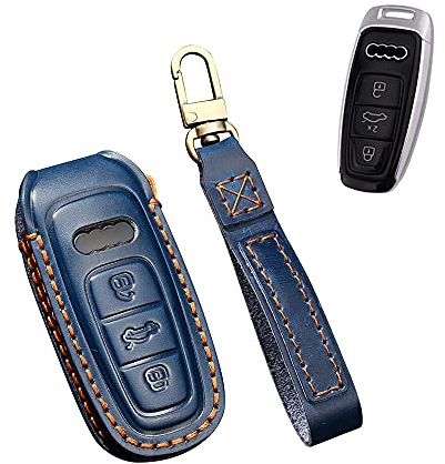 HIBEYO Smart Autoschlüssel Hülle passt für Audi Leder Schutzhülle mit Schlüsselanhänger Schlüsselbox Schlüsselhülle Cover für Audi A6L A6 A7 A8 Q7 Q8 SQ8 RS5 E-Tron Funkschlüssel Schlüssel-Blau