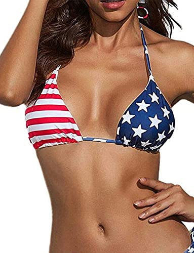 Suvimuga Women's Triangle Bikini Top Push up Padded Halter String Bathing Suits Top, American Flag, Small