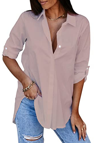 Minetom Chemisier Femme Manches Longues Col en V Bouton Shirt Chemise Blouse Lâche Top Fluide Tunique Hauts A Rose XL
