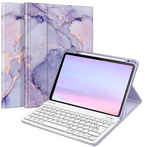 FINTIE Tastatur Hülle für iPad Air 11 Zoll M3/M2 (2025/2024), iPad Air 5/4 Generation 10.9(2022/2020), TPU Rückschale Schutzhülle mit Stifthalter, magnetisch Abnehmbarer QWERTZ Keyboard, Lila Marmor