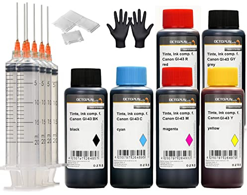 Octopus Fluids Tinten-Set kompatibel mit Canon GI-43, 6 x 250 ml | Sechs Farben für Canon Pixma MegaTank G540 und G640, mit Refillspritzen zum Befüllen