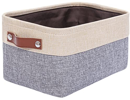 Mangata Faltbare Aufbewahrungskörbe mit Ledergriff, Verdicktes Leinen Stoff Aufbewahrungsbox Korb für Spielzeug, Kleidung, Zuhause, Wäsche (Grau/Beige, Medium)