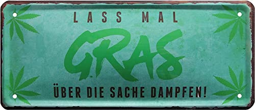DekoDrom® Lass mal Gras über die Sache dampfen Hanf Bong Joint Cannabis witziges Wand Deko für Kiffer Blechschild 28x12 cm Vintage Stil 002