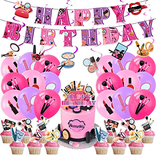 Spa Party Dekorationen Make-up Geburtstag Party Dekorationen Enthält Spa Happy Birthday Banner, Spiralen, Cake Topper, Cupcake Topper, Ballons für Make-up Party Supplies Verwöhnparty Dekorationen