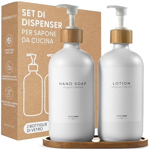 MaisoNovo Lot Distributeur Liquide Vaisselle – Distributeur Savon Verre avec Pompe - Pompe Blanche en Bambou Blanc 500 ML - Distributeur Savon Salle de Bain - Lot de 2 avec Plateau