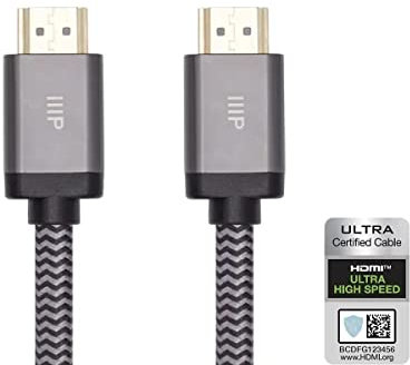 Monoprice Cavo HDMI ad alta velocità certificato 8K, intrecciato, HDMI 2.1, 8K a 60Hz, 4K a 120Hz, 48Gbps, HDR, VRR, CL2, 7,6 m, nero