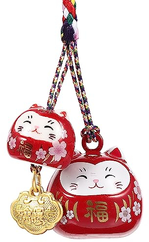 jojofuny Japanische Glückskatze Schlüsselanhänger mit Glocke Lucky Cat Keychain Winkekatze Maneki Neko Schlüsselanhänger für Handy Geldbörse Handtasche Rucksack Auto Anhänger Rot