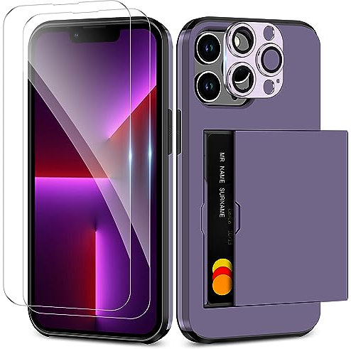 Coolden for iPhone 13 Pro Max Case with Card Holder 2 Screen Protector + 1 Camera Protector Full Body Heavy Duty Protective Case Shockproof Wallet Case Cover for iPhone 13 Pro Max Phone Case-Purple