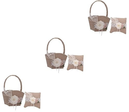 Gadpiparty 3 Sätze Ringkissen Blumenkorb-set Hochzeitsblumenkorb Rustikales Ringträgerkissen Korb Für Ringträger Aufbewahrungsbehälter Für Blütenblätter Armband Kissen Brot Leinen Ländlich