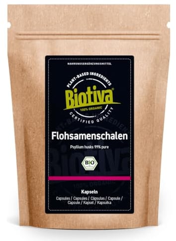 Flohsamenschalen Bio 180 Kapseln - 700mg hochdosiert mit 99% Reinheit - 90% Ballaststoffe - Planago Ovato - Psyllium husk - Abgefüllt und kontrolliert in Deutschland - Biotiva