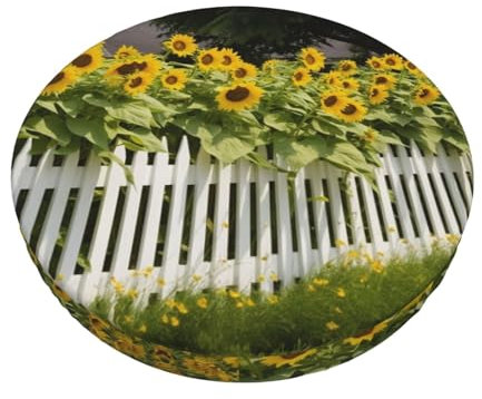 VTCTOASY Sunflowers White Picket Fence Print Round Stool Covers Washable Seat Covers Elastic Bar Chair Covers for Dining Room Bar 14 inch