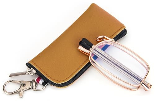 MMOWW Faltbare Lesebrille für Damen und Herren mit Teleskopstange mit Reißverschluss Schlüsselanhänger Mini Anti Blaulicht Brille (Rose Gold,+3,5)