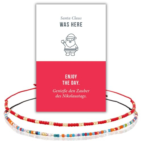 happymaker - Kleines Weihnachtsgeschenk Frauen, 2 rote Armbänder aus Glasperlen mit 2 Karten im Baumwollsäckchen, Wichtelgeschenk, Armbänder handgefertigt in Deutschland