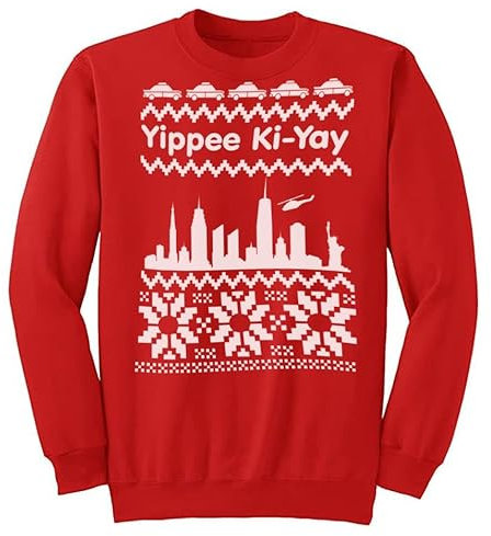 The Dragons Den Adults Yippee Ki -Yay 1980s 80s Xmas Movie Film New York Skyline Red Festive Christmas Jumper [XL]