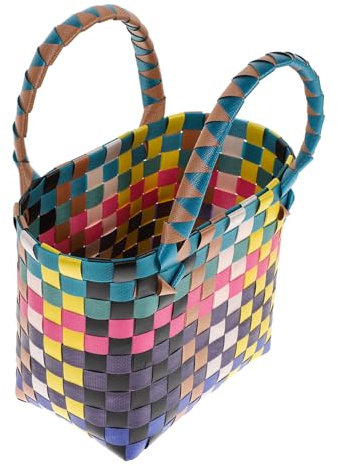 IMIKEYA Geflochtener Einkaufskorb Handkorb Kunststoff Klein Einkaufstasche Geflochten Bunt PVC Gewebte Strandtasche Picknickkorb Einkaufstasche Korb für Küche Picknick Strand