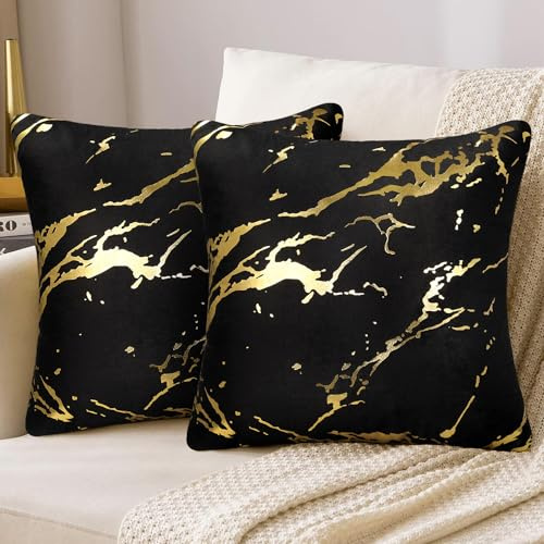 DakTou Kissenbezug Samt Sofakissen Schwarz Gold Marmor Muster 45x45 cm Modern Luxus Dekokissen Couchkissen Kissenhülle Zierkissenbezug Dekokissen für Sofa Sessel Zuhause Schlafzimmer 2er Set