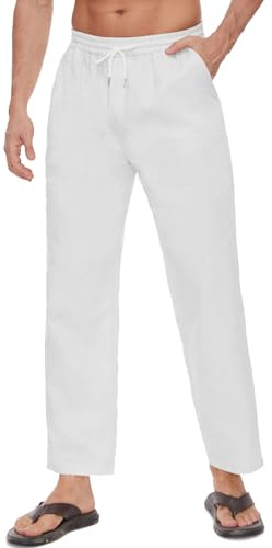 CheChury Pantalon Lino Hombre Verano Largo Pantalones Casual Bolsillos Laterales Cintura Elástica con Cordón Playa Yoga Pantalon Anchos Ligeros Pantalones de Lino para Hombre para la Playa