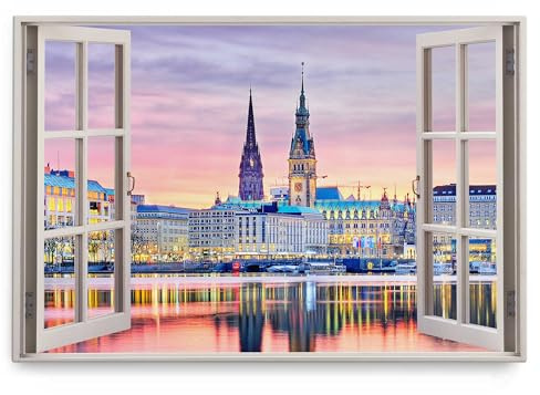 Paul Sinus Wandbild 120x80cm Fensterbild Altstadt Hamburg Fluss Abendrot Lichter