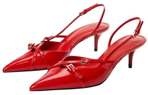 MICIFA Slingback Kitten Heels for Women Pointed Toe Stiletto Heels Slip On Pumps with Buckled Straps Dress Work Heeled Sandals, 1-red, 6 UK